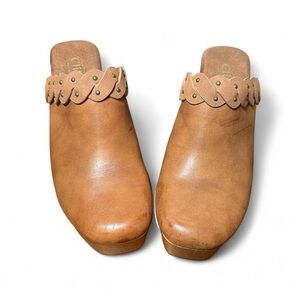 Cliffs wooden vegan leather clogs with braided straps and studs